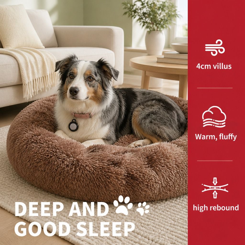 Dog Cat Pet Calming Bed Warm Soft Plush Round Nest Comfy Sleeping Cave 120cm — image 4