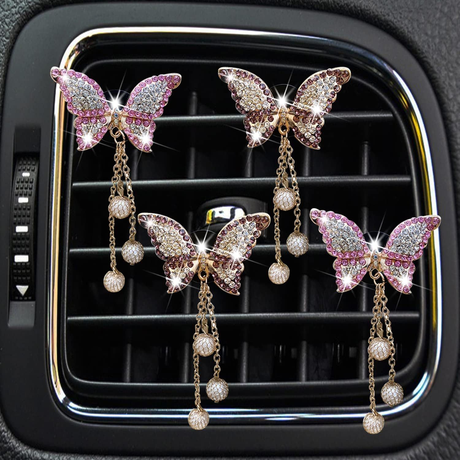 4 in 1 Bling Butterfly Aromatherapy Air Vent Clips, Diamond Pearl Pendant Butterfly Car Air Fresheners, Cute Car Decoration, Interior Decor — image 4