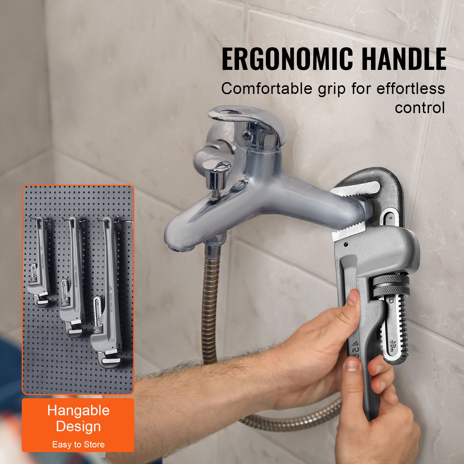 3-Piece Pipe Wrench Set, 10" 14" 18" Aluminum Straight Pipe Wrench, Adjustable Plumbing Wrench, with High Strength Jaw and Ergonomic Handle, Hangable Design — image 5