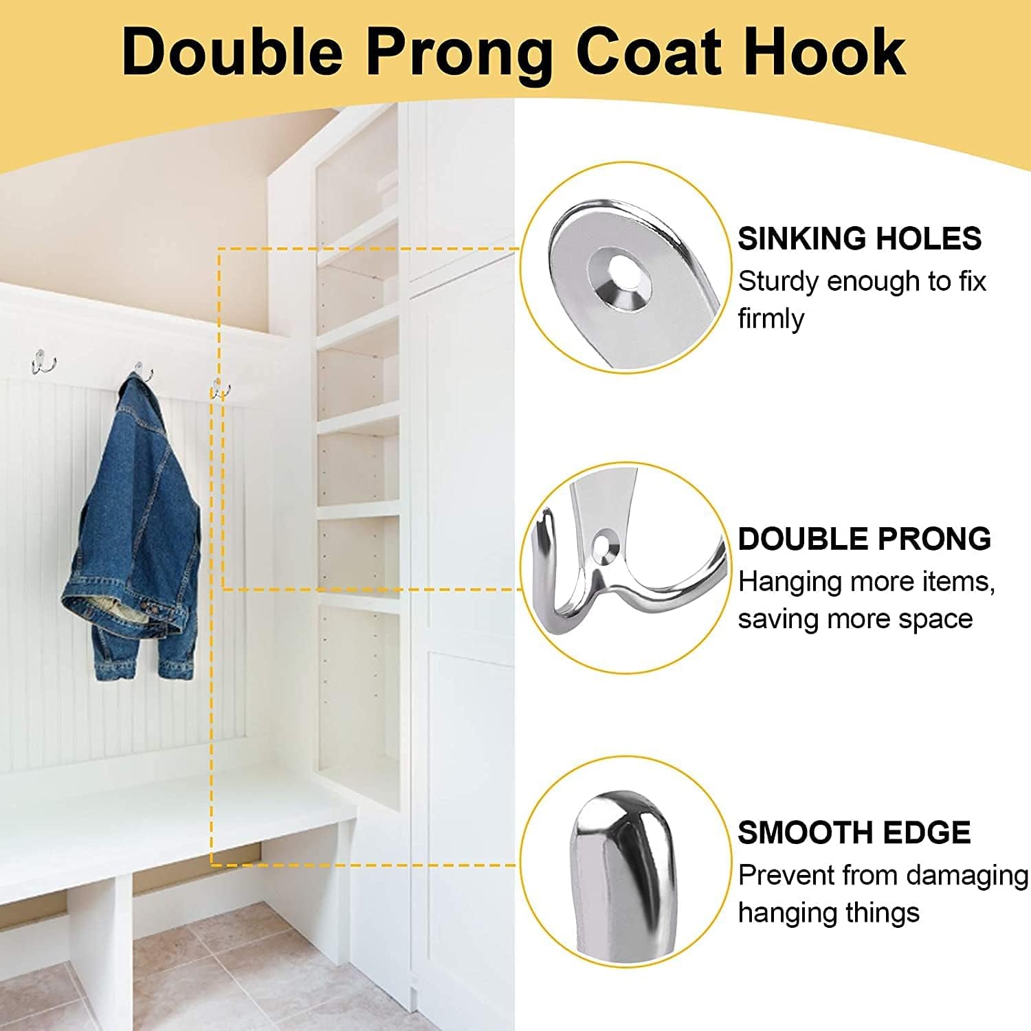 4 pieces of coat hooks with double pins, metal coat hangers, double coat hooks, suitable for bathroom, bedroom, door, wall, clothes, can hang jackets, scarves — image 3