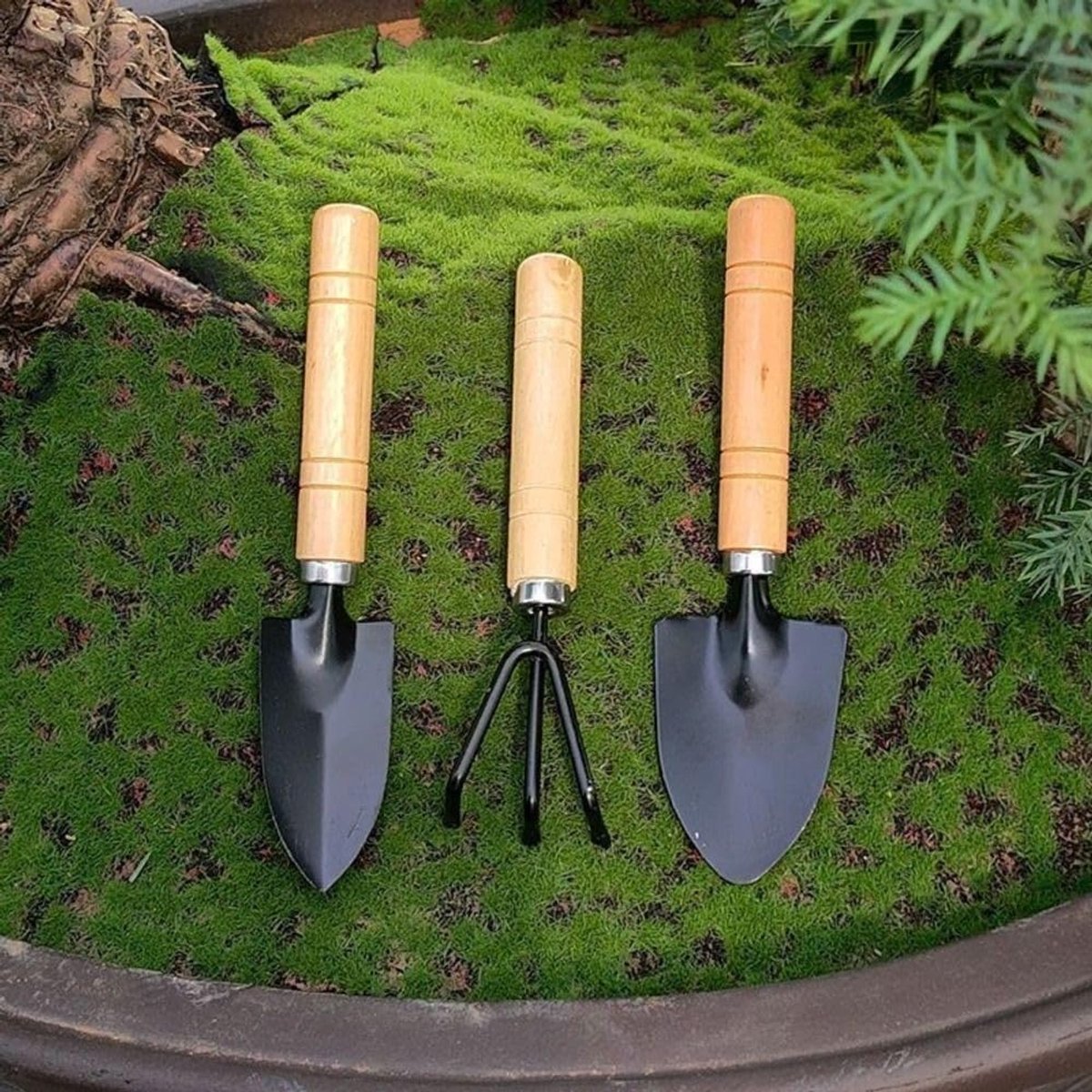 3-piece mini garden tool set - for pots and plants - Wooden handle design - Shovel, rake, and soil shovel - Small size for precise work — image 3