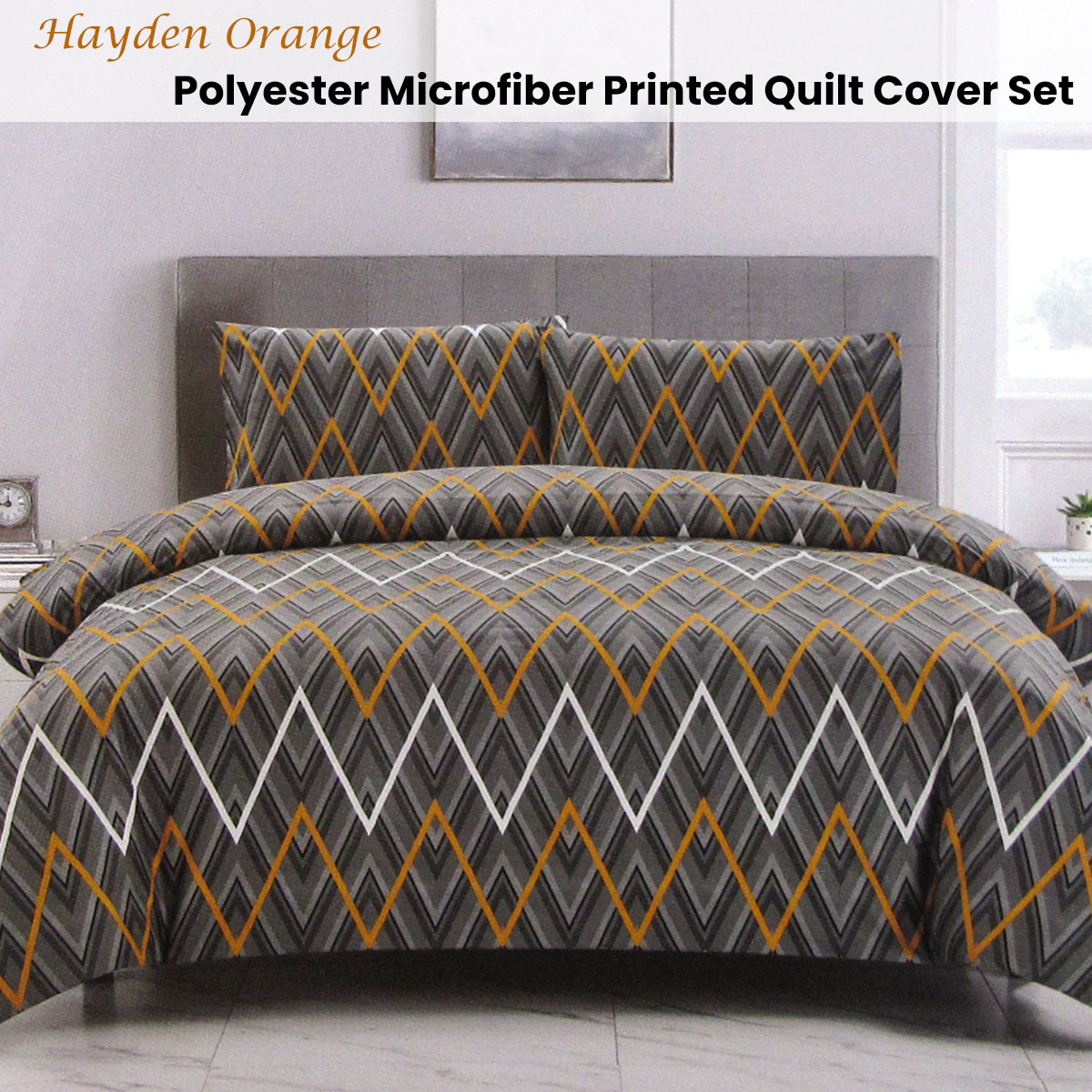 Artex Hayden Orange Quilt Cover Set Geometric Pattern Reversible Printed Microfiber Polyester Single โ image 2