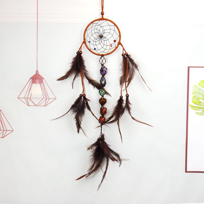 Traditional Native Style BROWN SUEDE Dreamcatcher with Bone Beads & Feathers - 22" Long x 4.3" Diameter — image 2