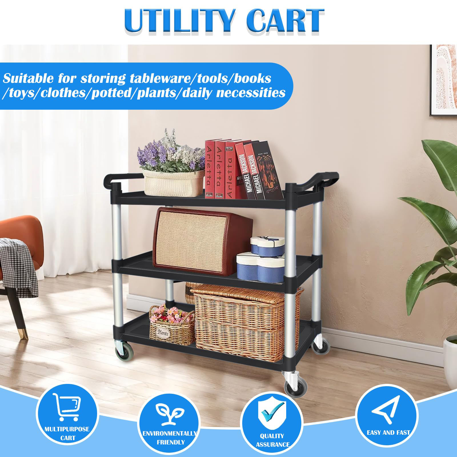 3 Tier Large Service Food Cart Restaurant Trolley Utility Cart Kitchen Catering Shelf Storage โ image 3
