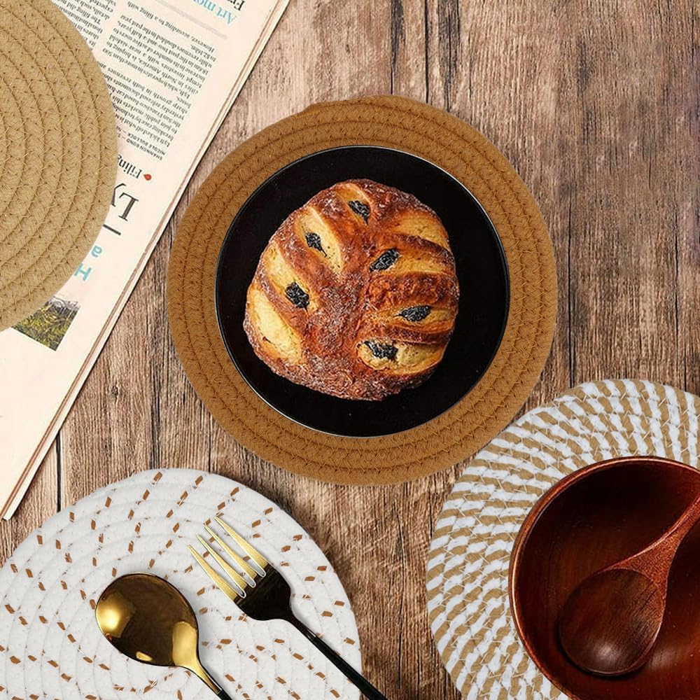 4 Pack Woven Cotton Coasters, Heat Resistant Round Drink Mats for Coffee Cups, Mugs and Dining Tables, 11 cm, Brown, White and Beige — image 5