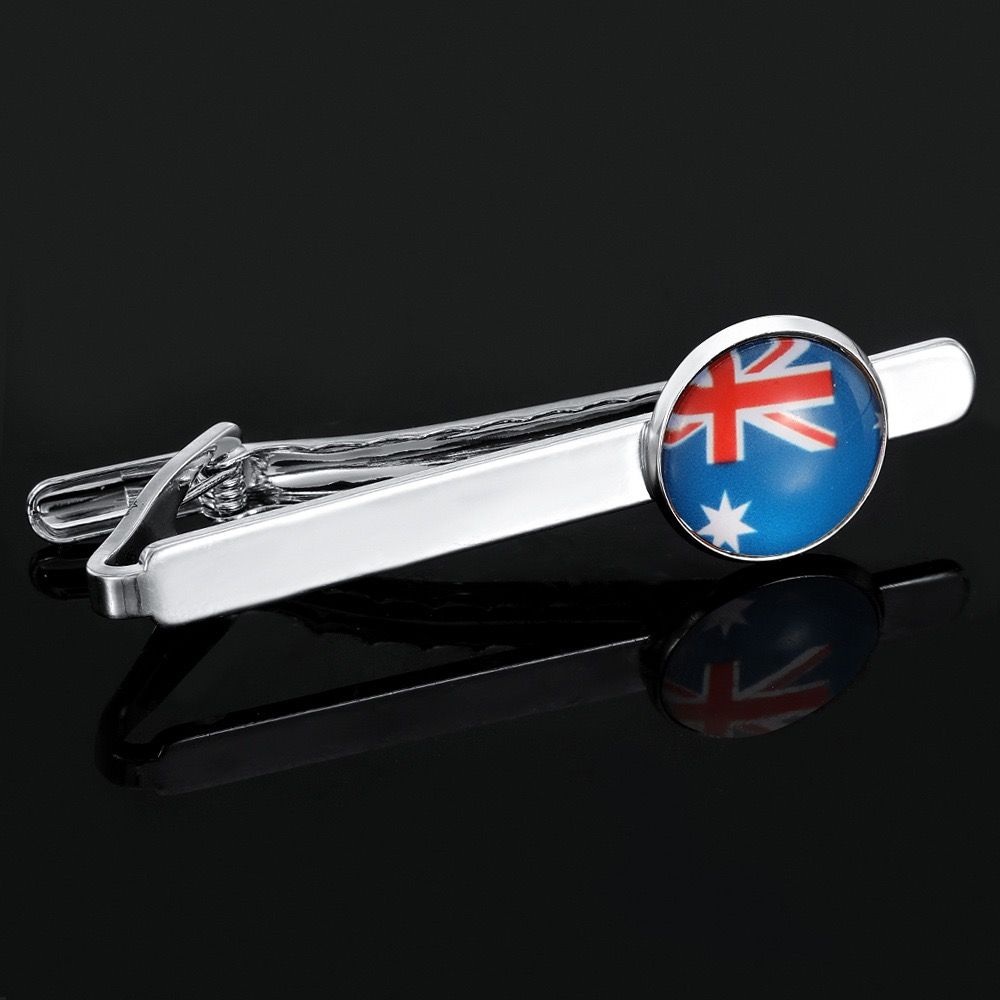 Elevate formal style with this sleek tie clip and cufflink set, showcasing vibrant flag-inspired circular enamel inlays on polished silver-toned metal, perfect β image 3