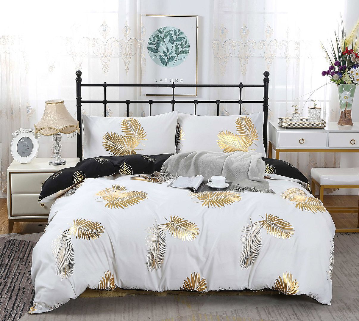 Reversible Design Super King Size Black Gold Duvet Quilt Cover Set — image 2
