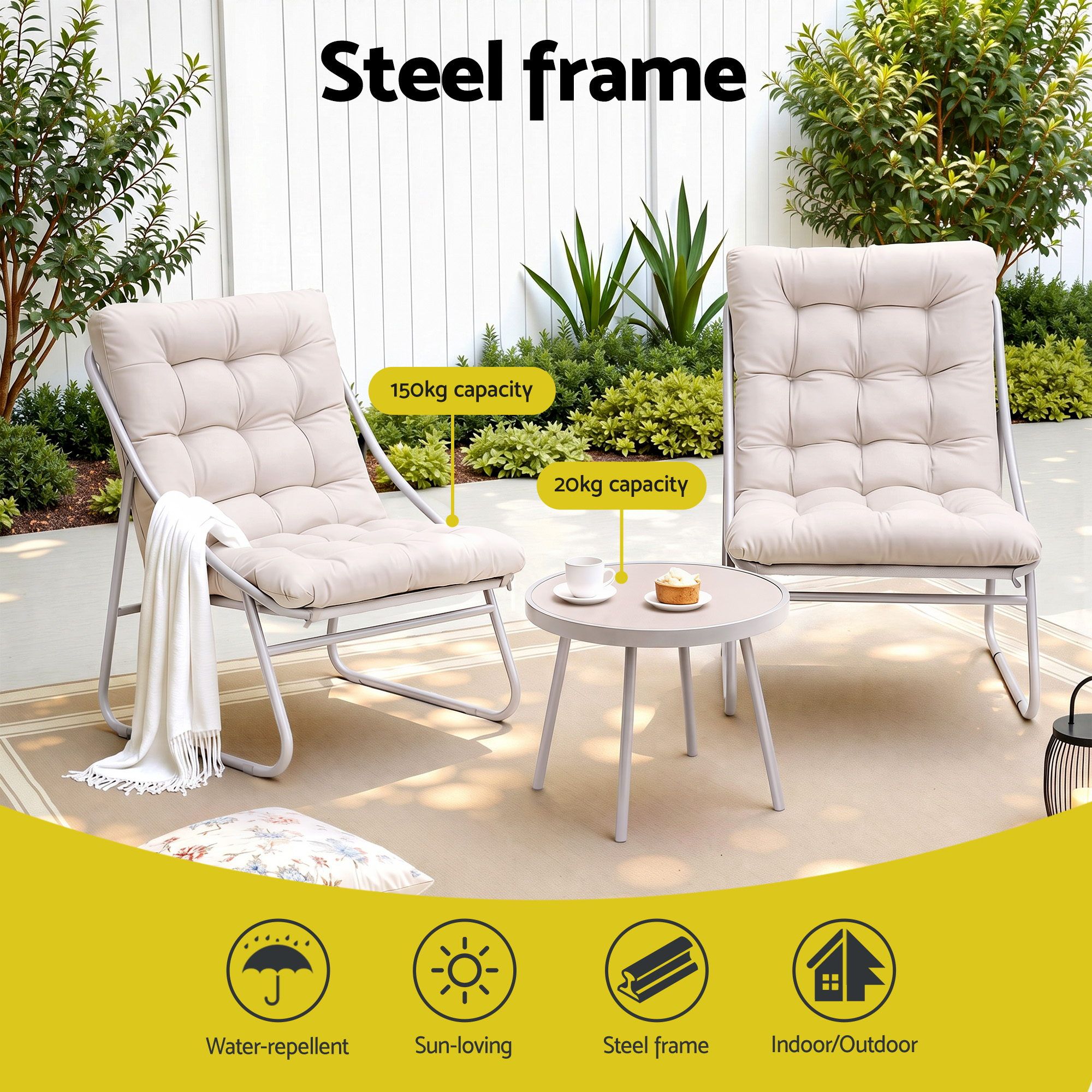 Gardeon 3PC Outdoor Bistro Set Patio Furniture Table and Chairs Steel Dining Chair Khaki — image 4