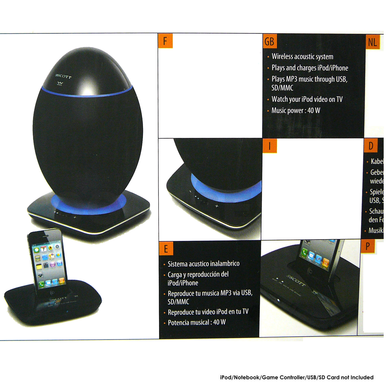 Scott 2.4Ghz Wireless OVE Speaker System USB SD Bluetooth 20w RMS — image 5