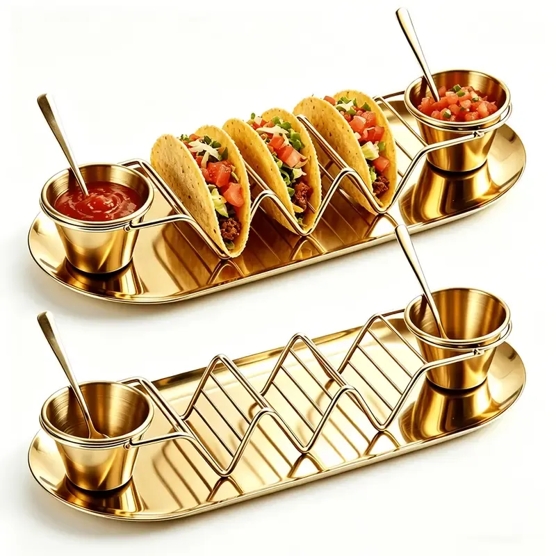 6-Piece Luxury Stainless Steel Burrito Serving Set – Polished mirror finish, complete with burrito holder, serving tray, and sauce cups. (Gold)