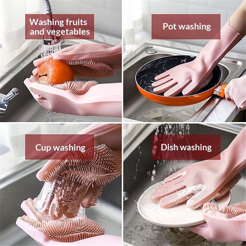 2 pairs Silicone Dishwashing Gloves, Pet Grooming Rubber Scrubbing for Dishes, Heat-proof Household Scrubber Gloves(pink) — image 5