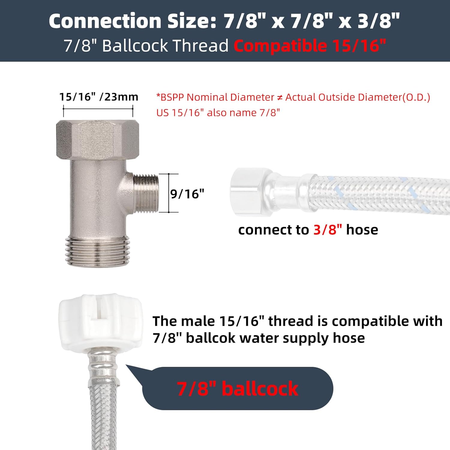 Bidet T Adapter, Metal T Valve for Bidet(7/8” x 7/8” x 3/8”) or (15/16" x 15/16" x 9/16"), 3 Way Tee Connector Bidet Attachment for Toilet — image 3