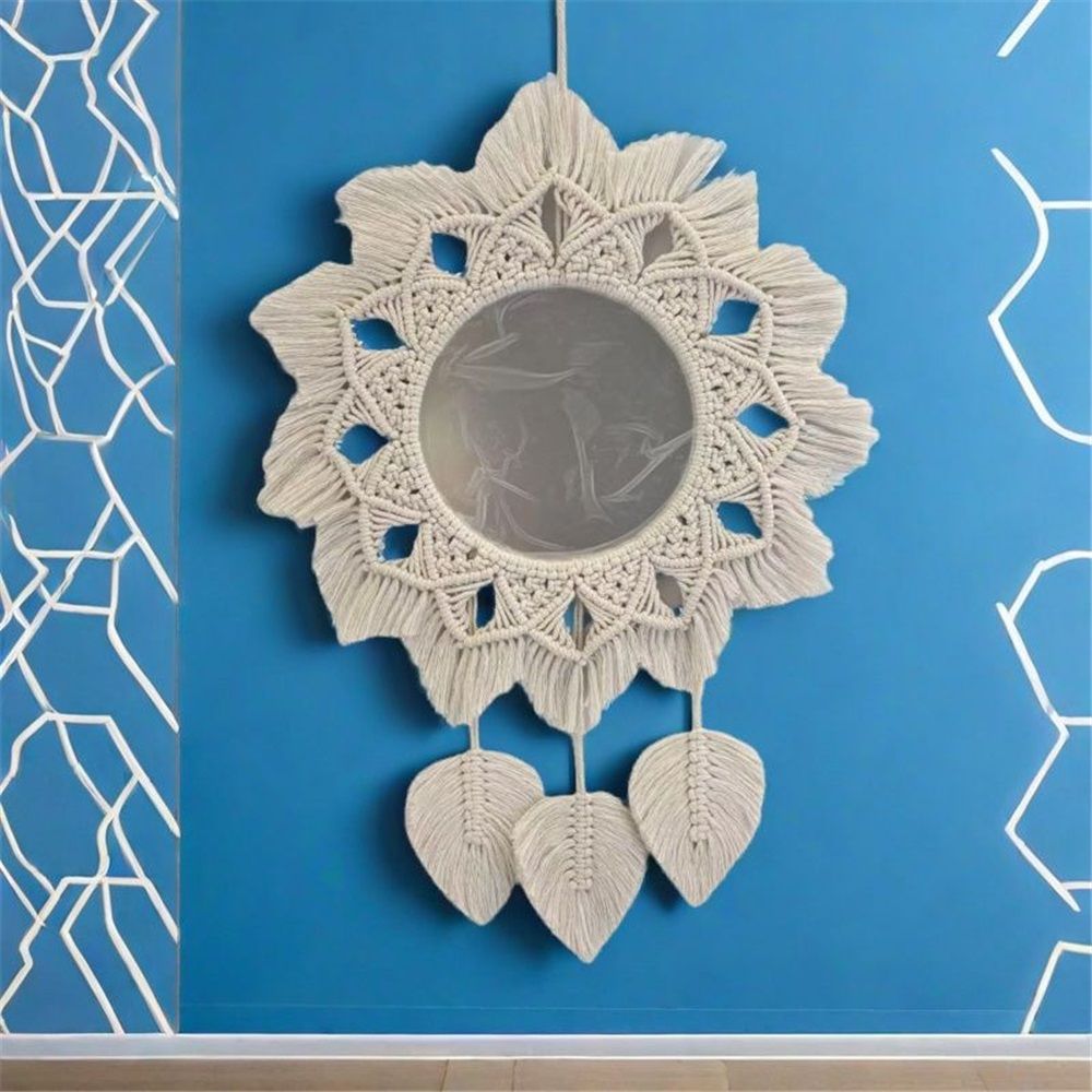 Hanging Wall Macrame Fringe Round Decorative Mirror with Beads Feather Pendant,Art Ornament for Apartment Home Bedroom Living Room — image 3