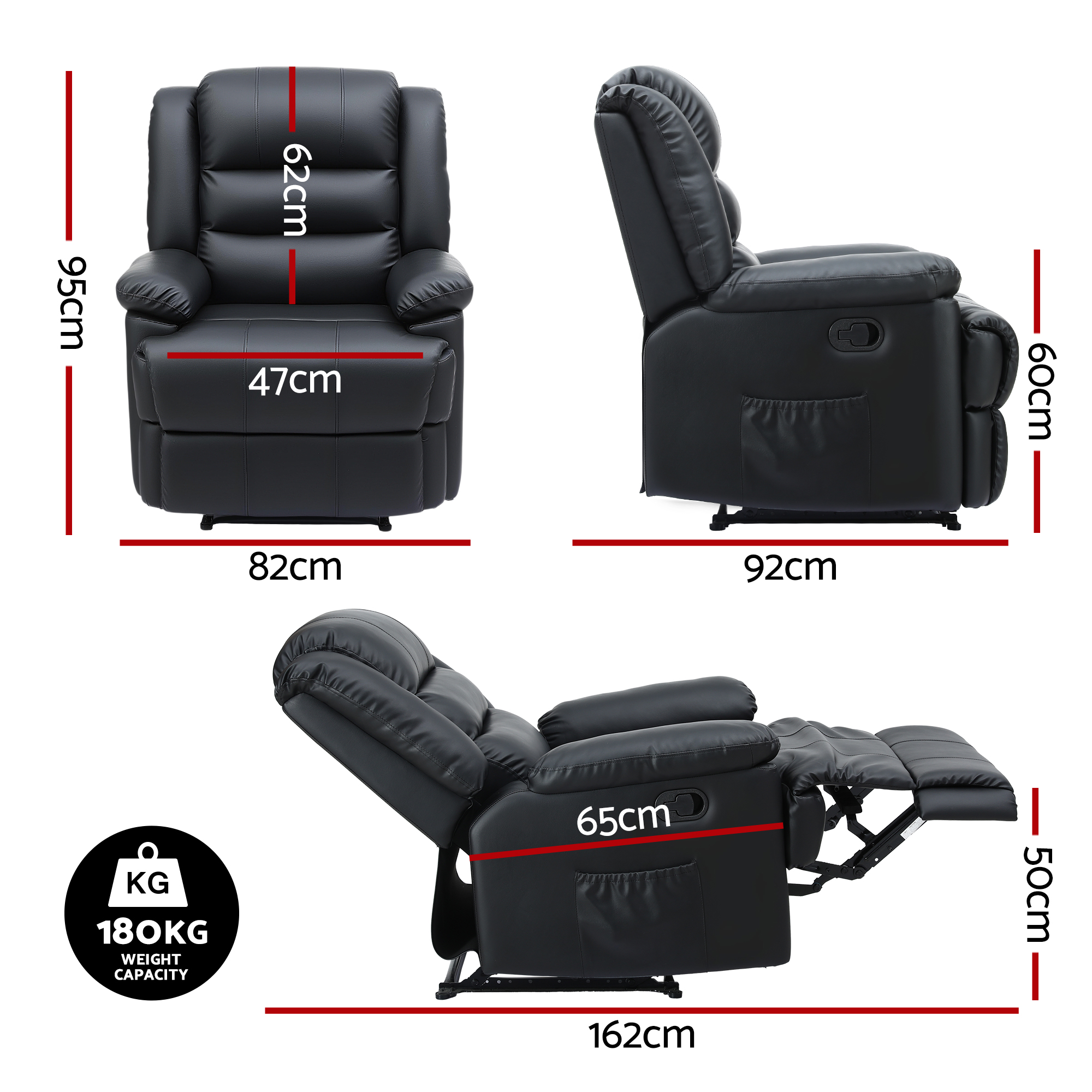 Artiss Manual Recliner Chair Leather Reclining Sofa with 16color Led Black โ image 2