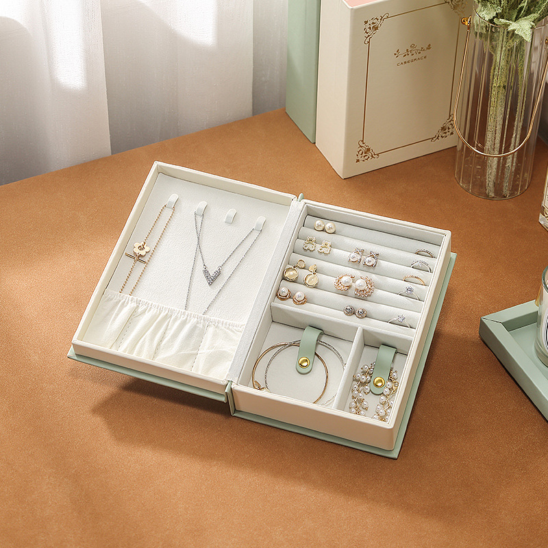 Light Green Creative PU Jewelry Storage Book - Magnetic Closure Organizer for Earrings, Rings, and Necklaces(The Jewelry is a prop for the photo — image 4