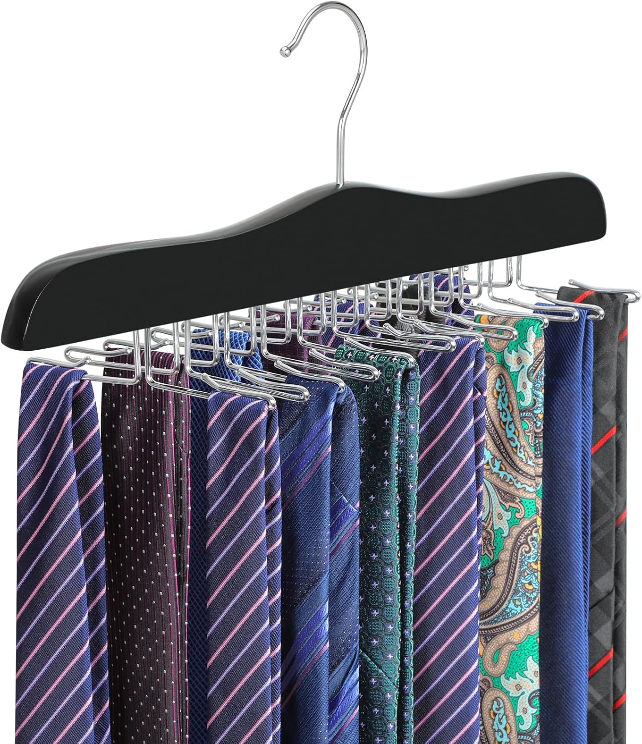 TOPIA HANGER Tie Rack Hanger for Closet, Wooden Tie Organizer for Men with 24 Folding Hooks, Space Saving Necktie Holder for Storage and Display Bra, Tank Top