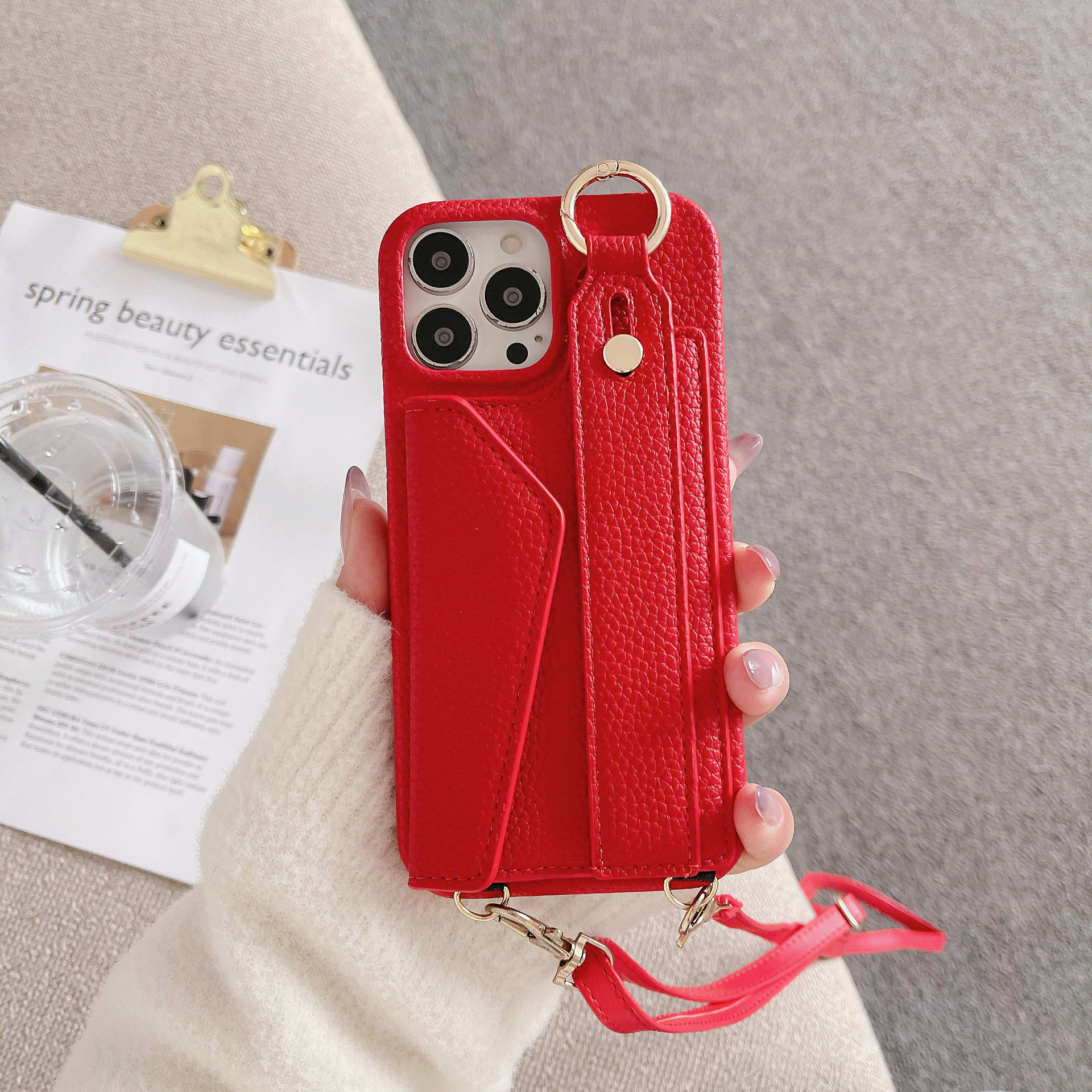 Red Chic PU Leather Crossbody Wallet Case for iPhone 16 - Card Holder with Detachable Strap & Finger Ring Grip