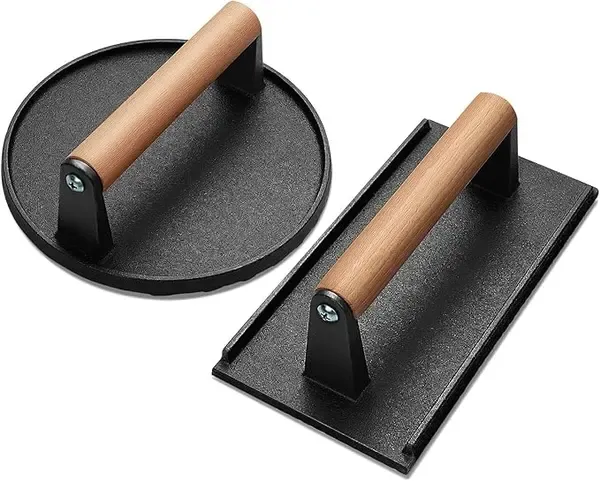 Heavy Duty Cast Iron Smash Burger Press Set with Ergonomic Wooden Handle and Ribbed Base for BBQ Griddles and Home Cooking