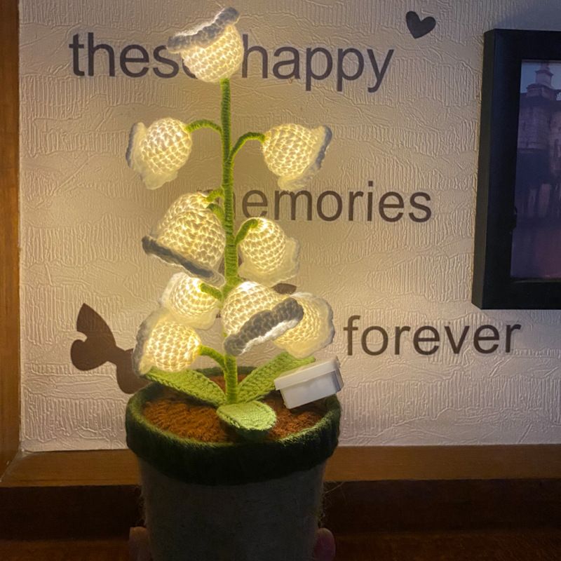 Yellow Crochet Single Lily of the Valley Night Light - Handmade Cotton Yarn LED Potted Flower White Lamp, 3 Brightness Adjustment, Battery Operated Desk Decor โ image 2