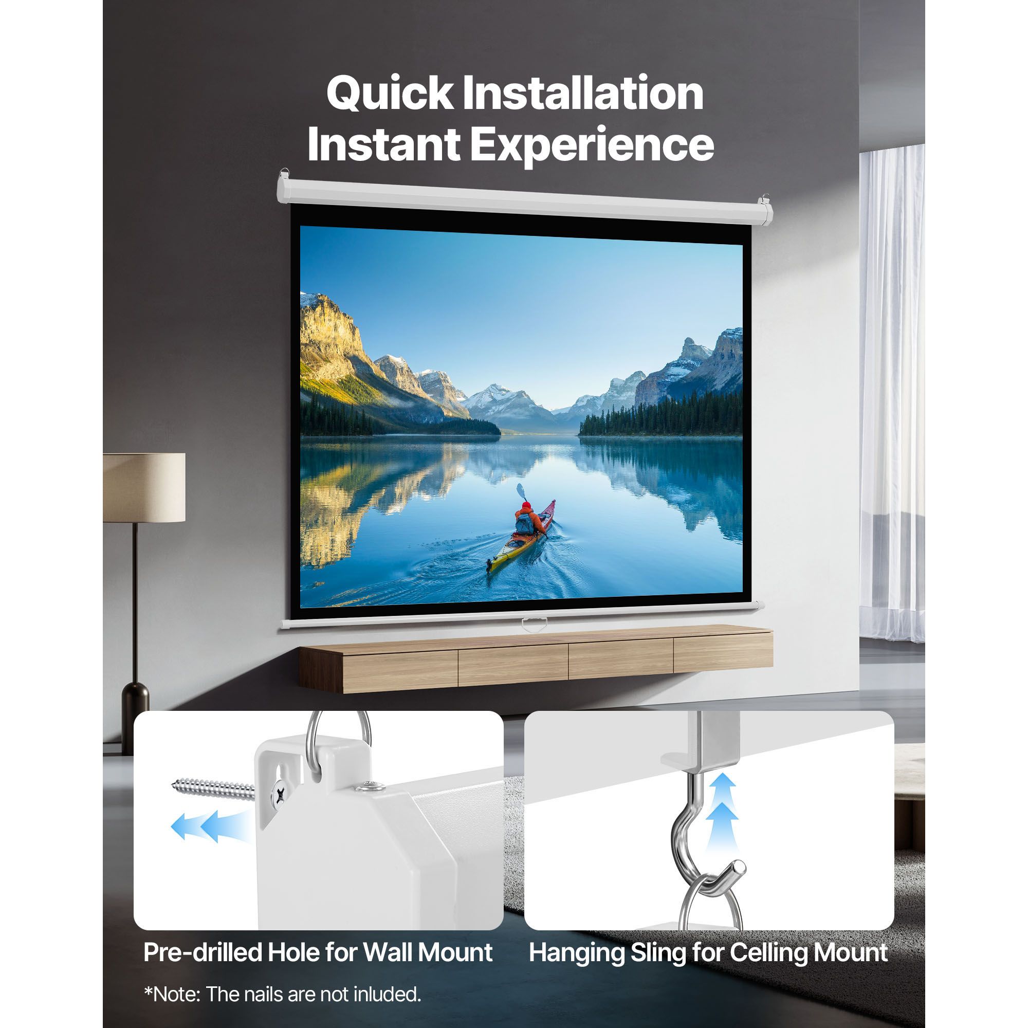 Manual Projector Screen, 1829 mm 4:3 4K 1080 HD Retractable Pull Down Projector Screen, Wall Mounted Movie Projection with Pull Rope, Portable โ image 5