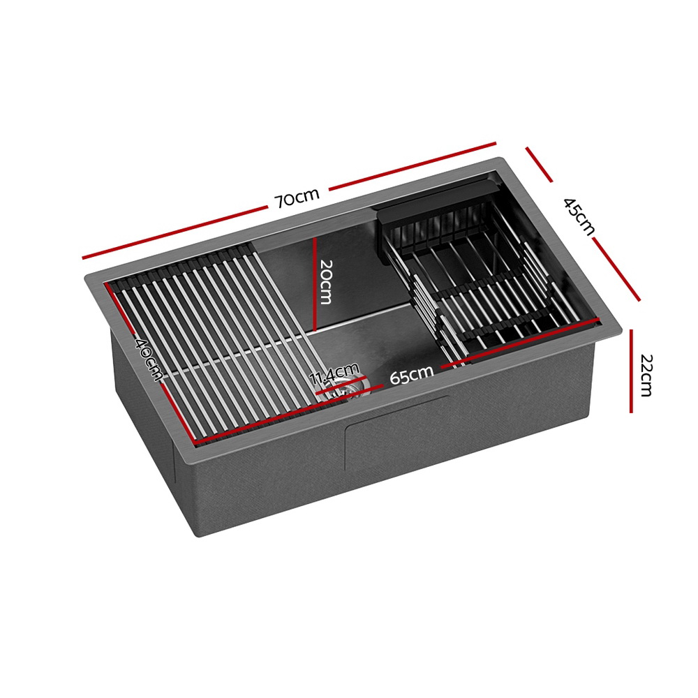 Cefito Kitchen Sink 70X45CM Stainless Steel Single Bowl Drain Rack Basket Black โ image 2