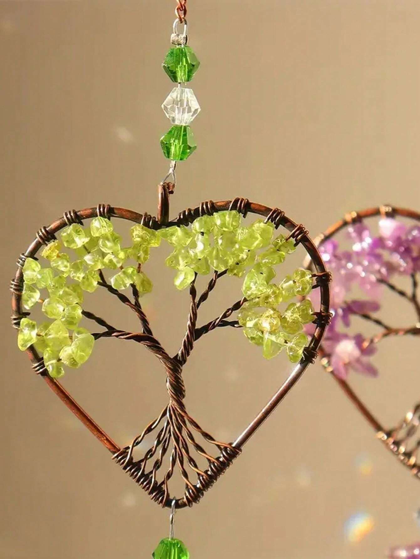 1PC Rainbow Sun Catcher Tree Of Life Heart Shaped Ornament Chakra Wheel Stone Window Ball Prism Hanging Garden Home Car Decoration Wall Decor B Ideal Valentine — image 2