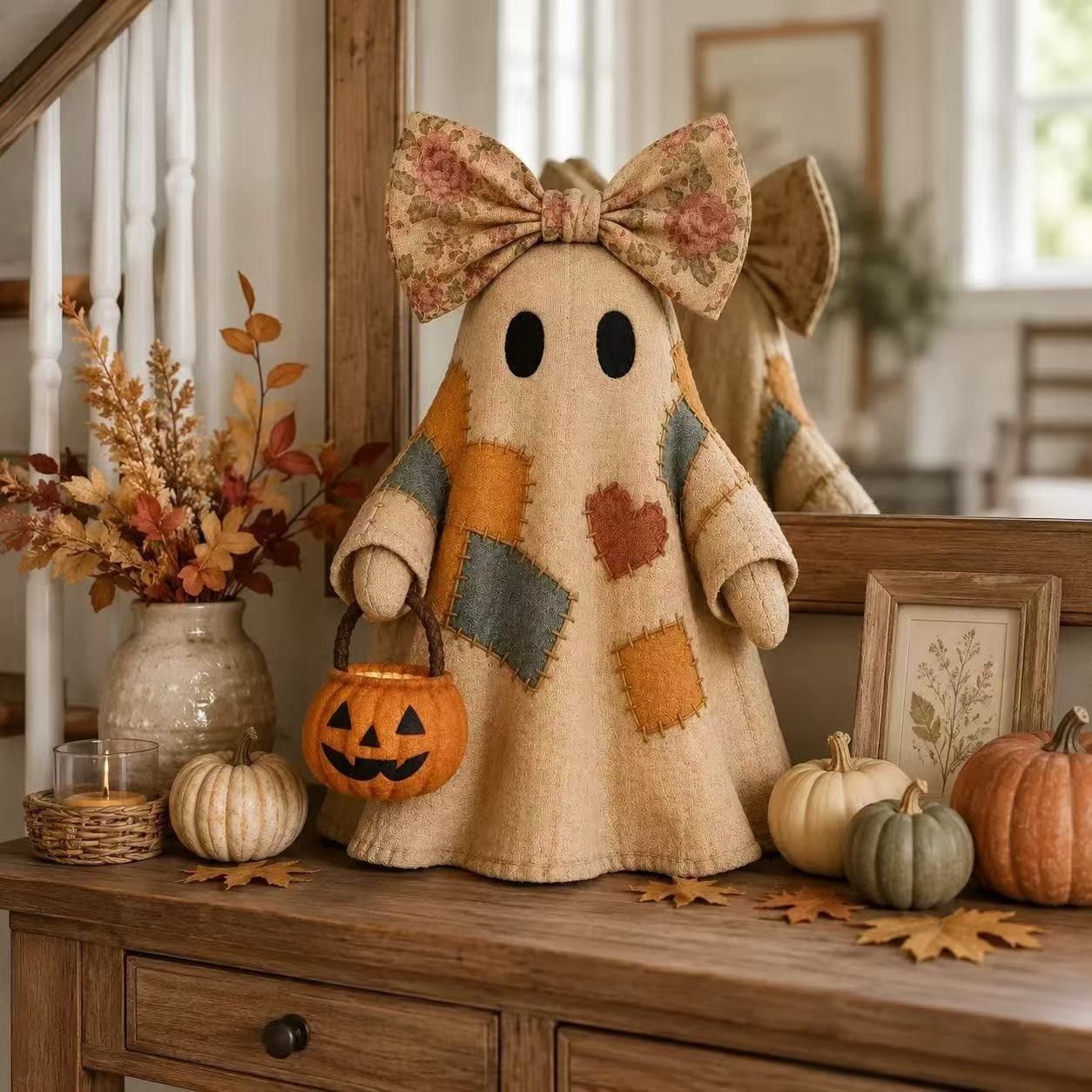 Vintage Patchwork Ghost Resin Figurine, with Bow and Pumpkin Bucket, Autumn Tabletop Decor (No-Light Version) — image 6