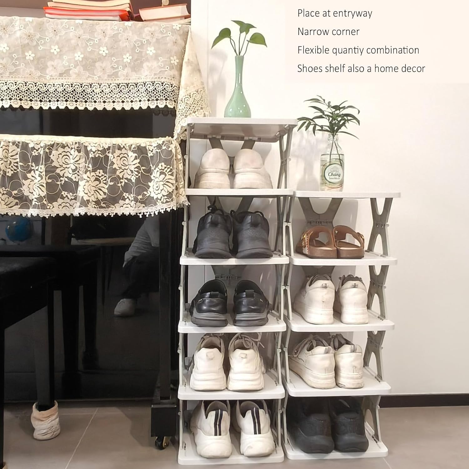 5 Tier Foldable Vertical Shoe Rack, X-Design Tall Shoes Organiser for Narrow Space, Corner Shelf for Single Dormitory Or Small Room — image 3