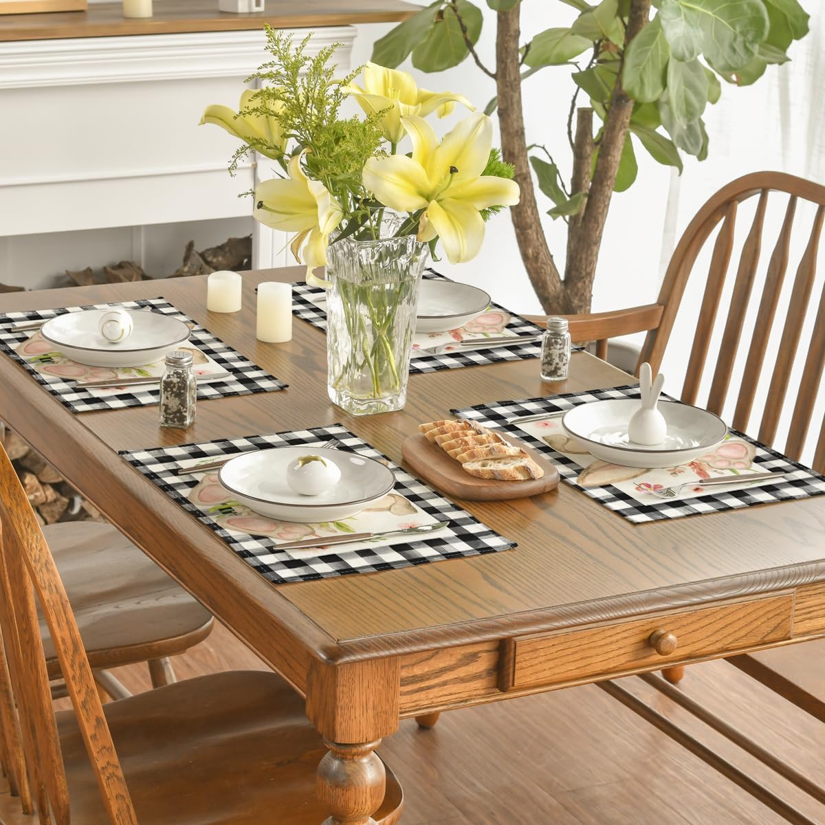 Buffalo Plaid Bunny Ear Foot Flower Easter Placemats Set of 4, 12 × 18 Inch Seasonal Spring Table Mats for Party Kitchen Dining Decoration — image 4