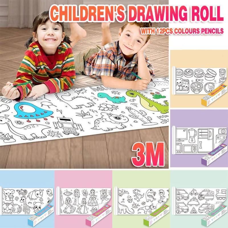 3M DIY Colouring Paper Roll with 12 Colour Pencils Cartoon Doodle Set - Dinosaur Land(With 12PCS Colored Pencils โ image 2