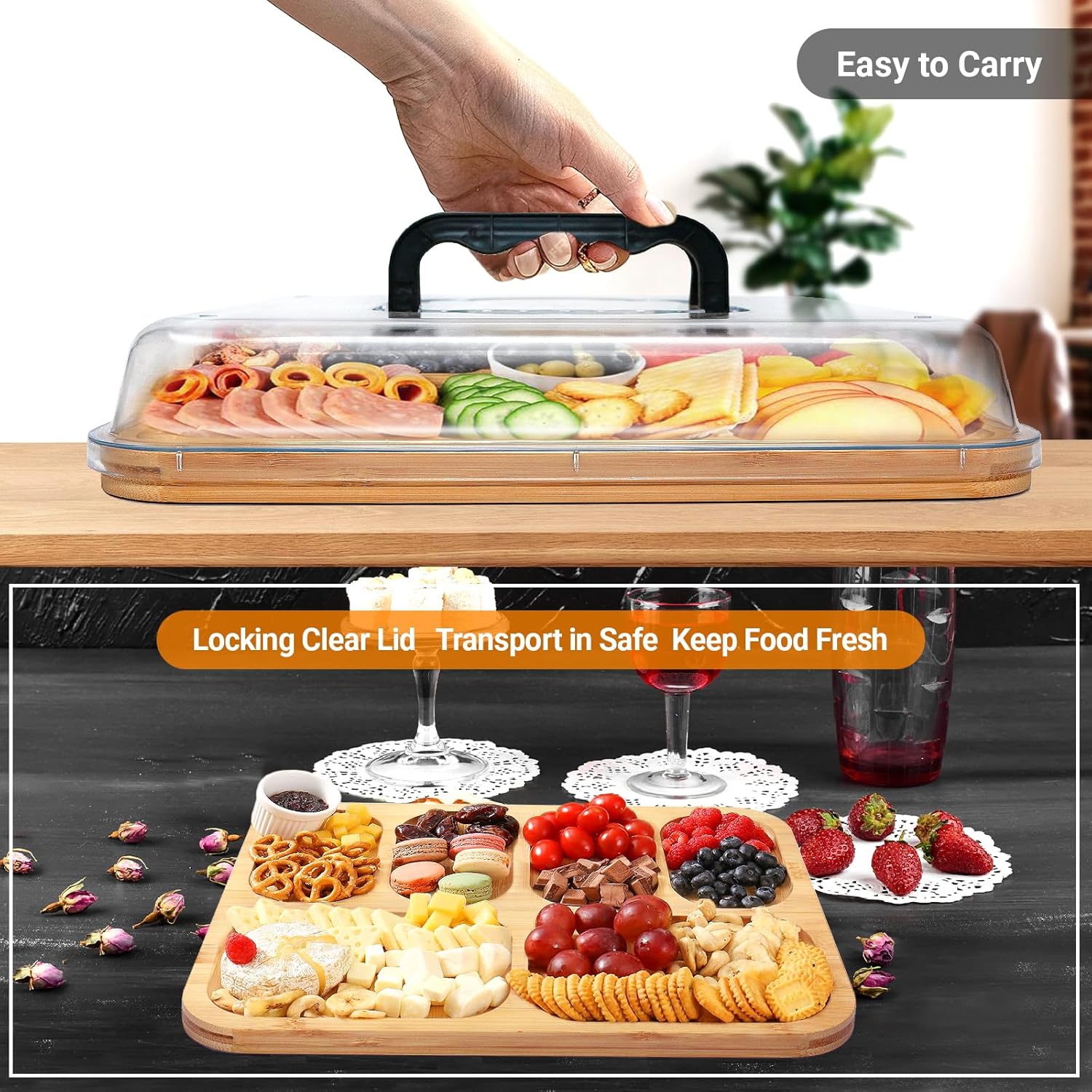 CARLA HOME Bamboo Charcuterie Board with Lid & Handle ideal Gift for Kitchen, Party & Picnic (6 Compartments) — image 2