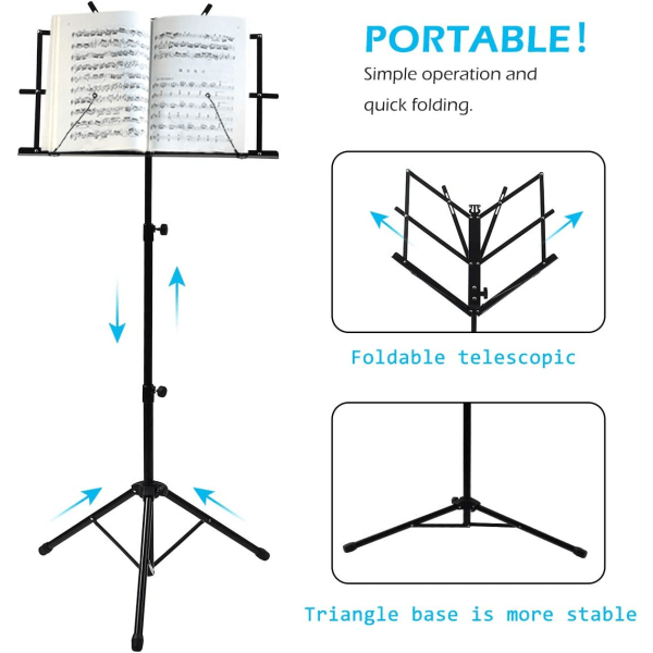 Adjustable Music Stand Portable Foldable Metal Stand with Carrying Bag Lightweight for Travel Storage Black — image 5