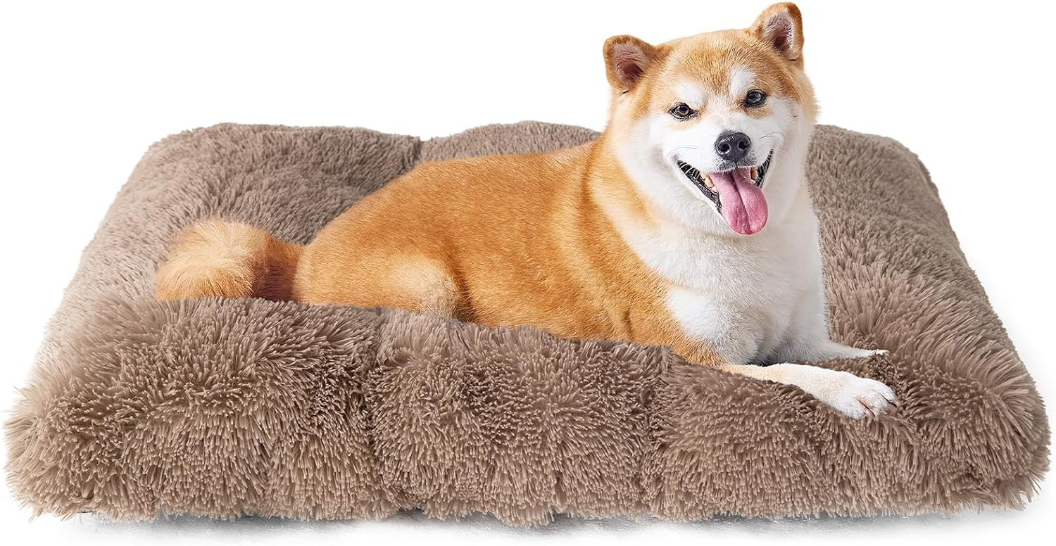 Luxury Long Plush Pet Bed Mat Faux Fur Crate Pad 65x50cm Brown Soft Warm Cushion for Medium Dogs