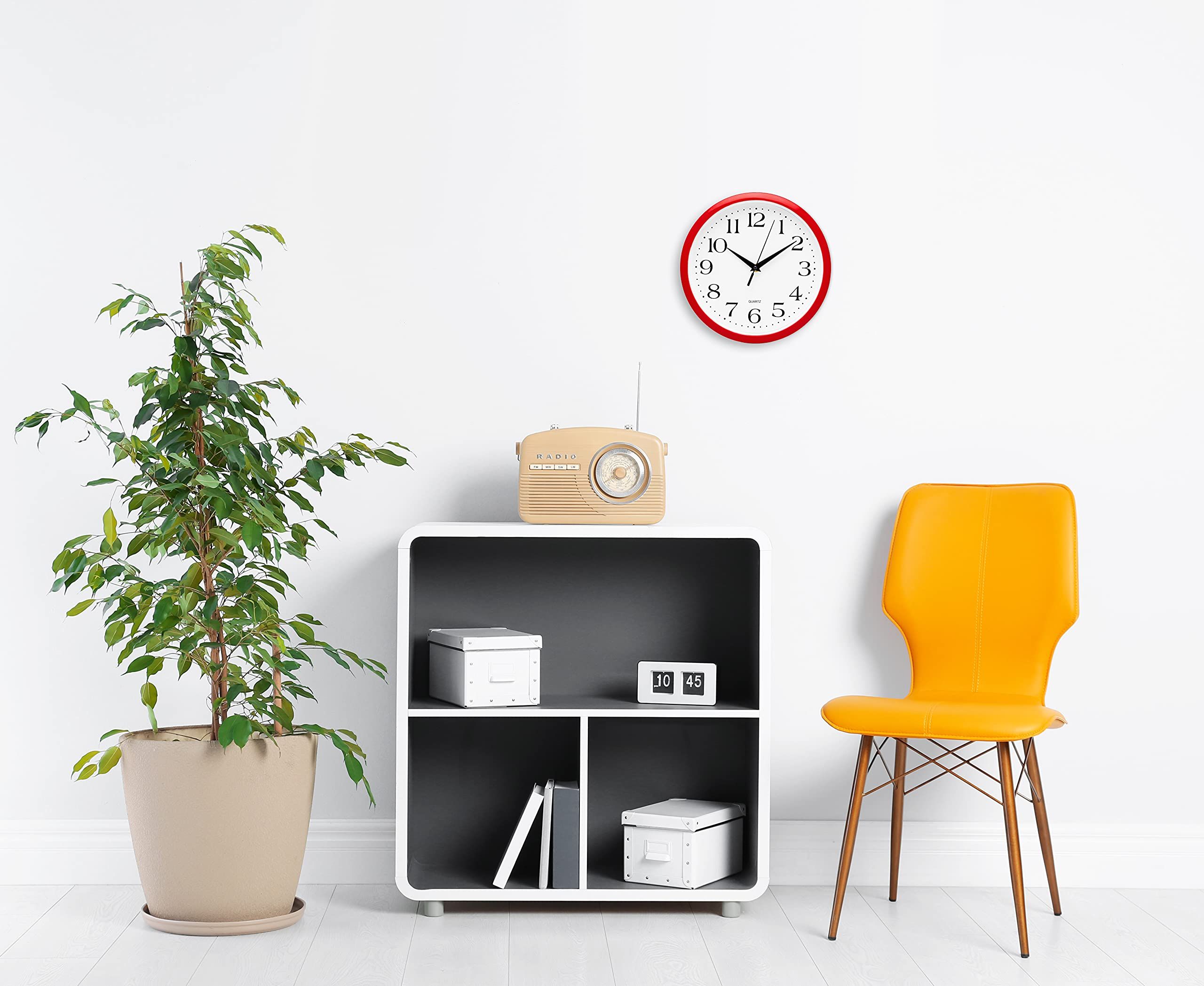 Quality Quartz Battery Operated Round Easy to Read Home/Kitchen/Office/Classroom/School Clocks, Vintage Retro Red Frame — image 5