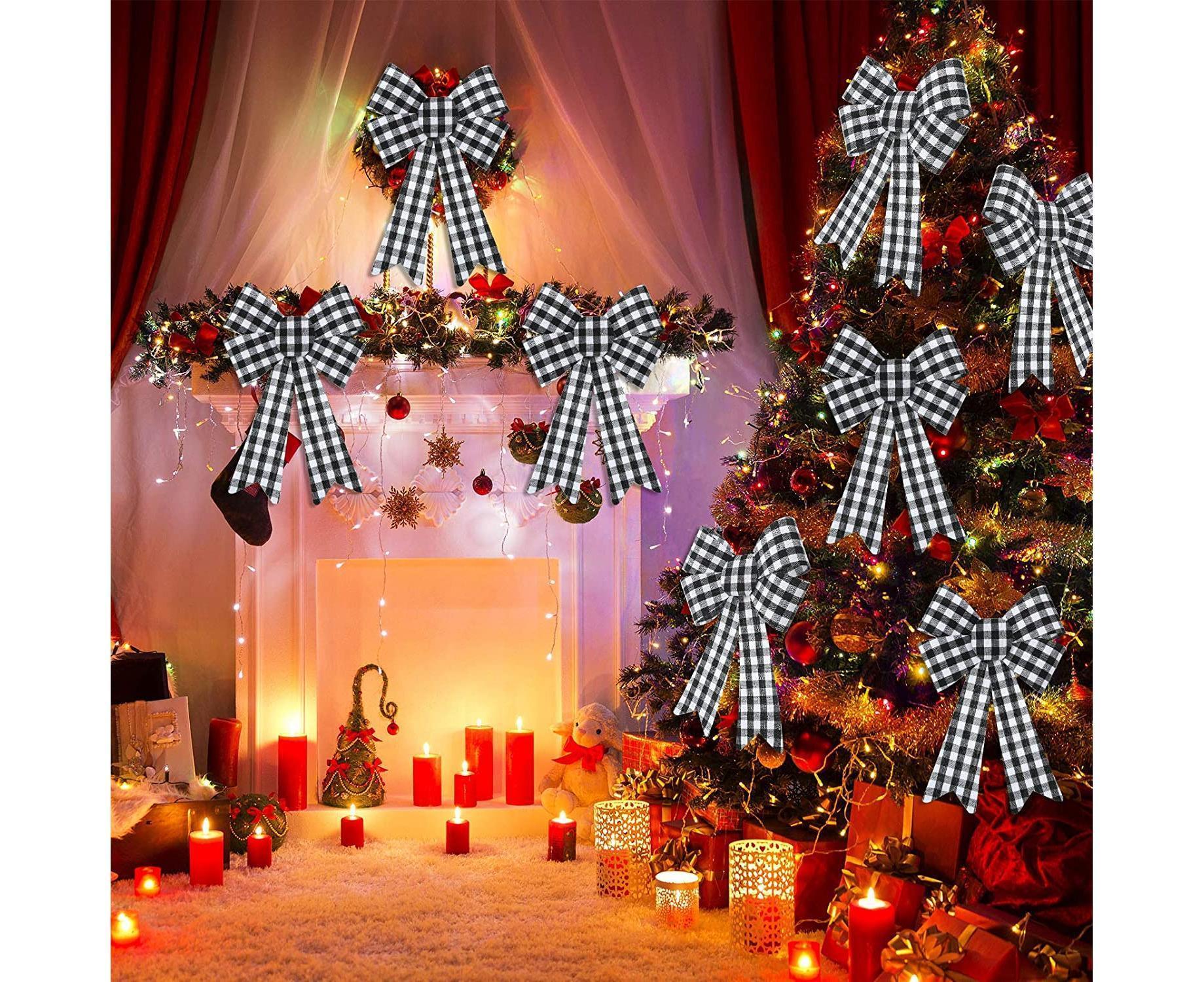 6 Pieces Large Christmas Wreath Bow Plaid Christmas Bow PVC Plastic Xmas Plaid Check Wrapping Bow for Christmas Indoor Outdoor Decorations - Black and White — image 5