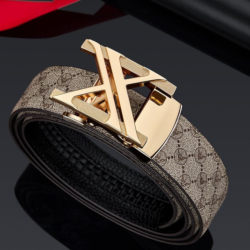 Men'S Genuine Leather Belt X-Shaped Buckle Men'S Accessories Trendy Belt - Gun buckle khaki strap - Size 115cm — image 5