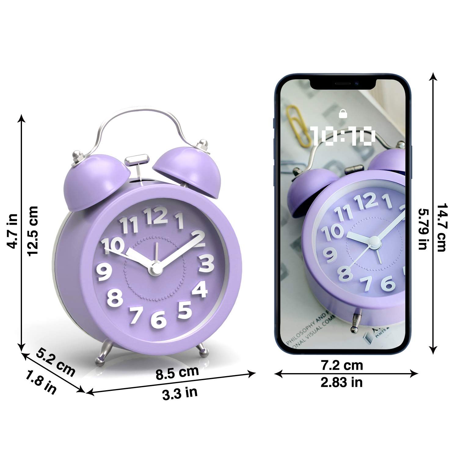 Loud Alarm Clock for Heavy Sleepers Bedrooms, Analog Alarm Clock, Small Alarm Clock, Retro Design for Kids, 3 inch, Purple — image 4