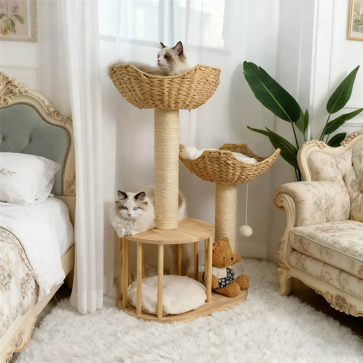Large Cat Scratching Post Tree Tower with Baskets and Cubby Cave in Natural Wood & White, 60x40x99cm โ image 2