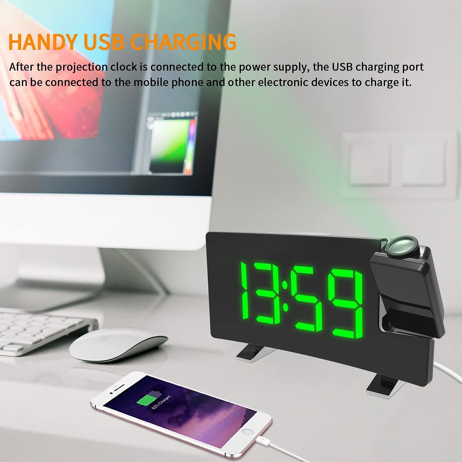Projection Alarm Clocks for Bedrooms with Radio, USB Charging Port, Auto Dimmer, Dual Alarm Clock for Heavy( Color: Green Text ) — image 4