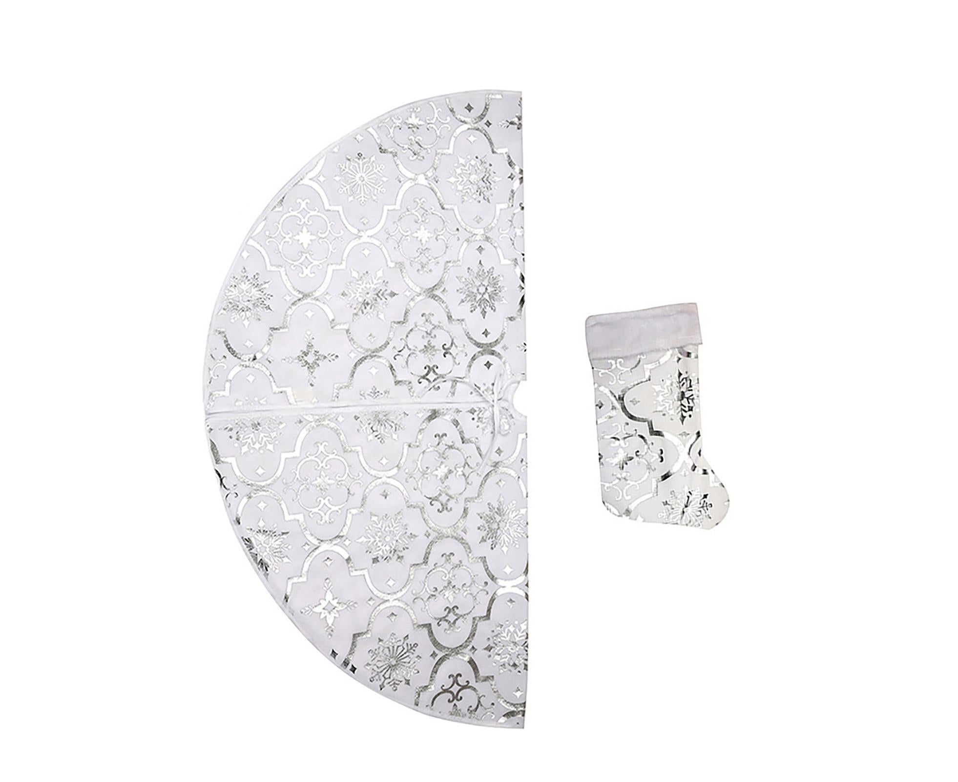 Tree Skirt Polyester Snowflake Pattern Tree Carpet-White — image 2