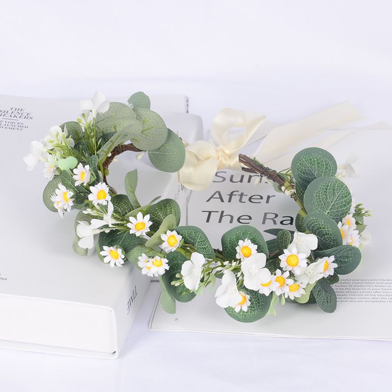 Leaf headgear Bridal Green Leaf Crown Bohemian Headpiece Floral Headband Photo Prop (white flower green) โ image 2
