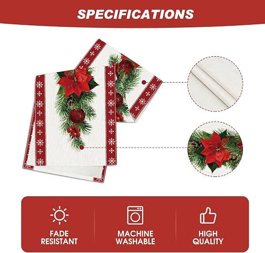 Set of 2 rustic-style red Christmas table runners featuring snowflake and poinsettia patterns, measuring 33 x 183 cm — image 5