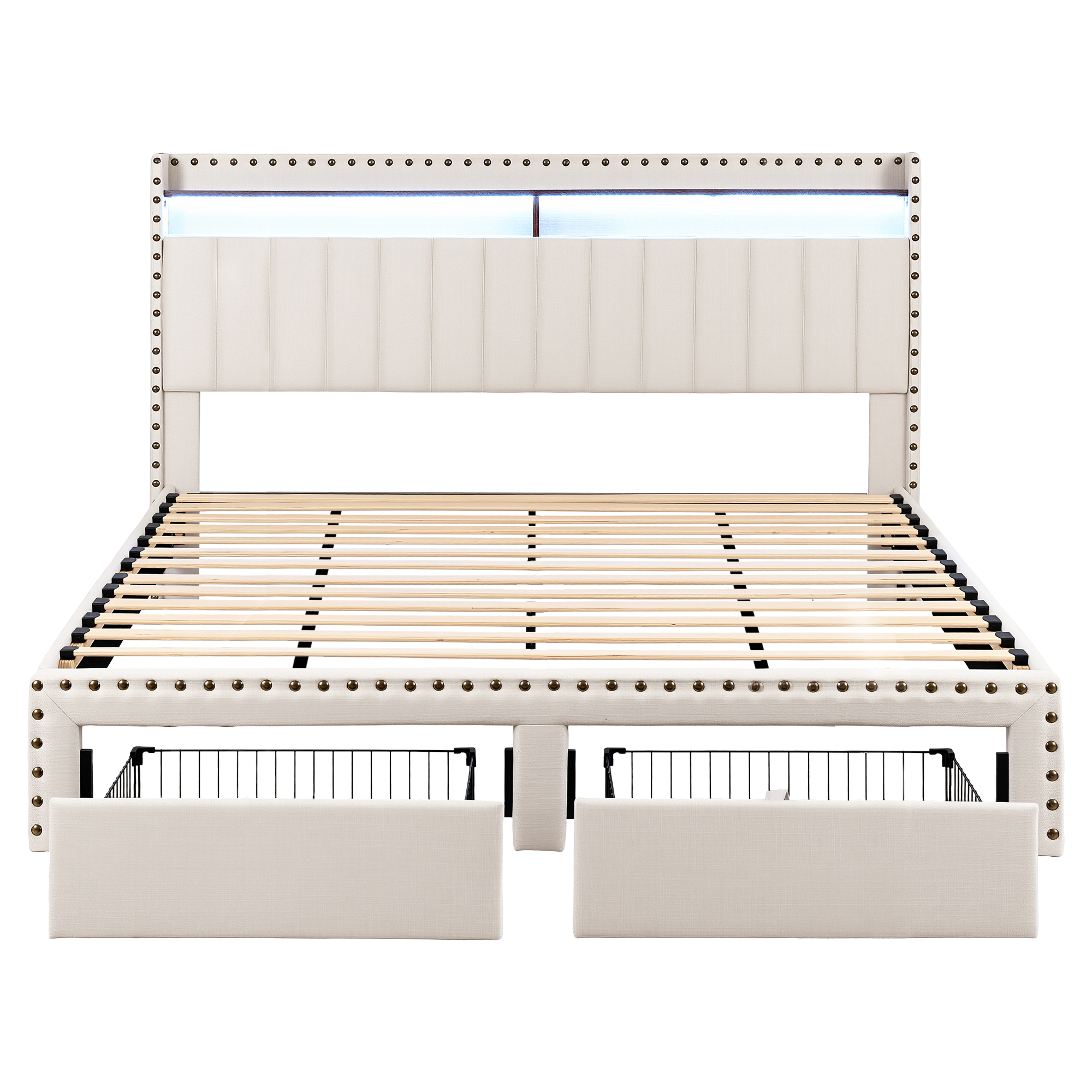 Artiss King Upholstered Bed Frame with Shelf Storage Drawers Charging Station Mood Lighting Linen โ image 3