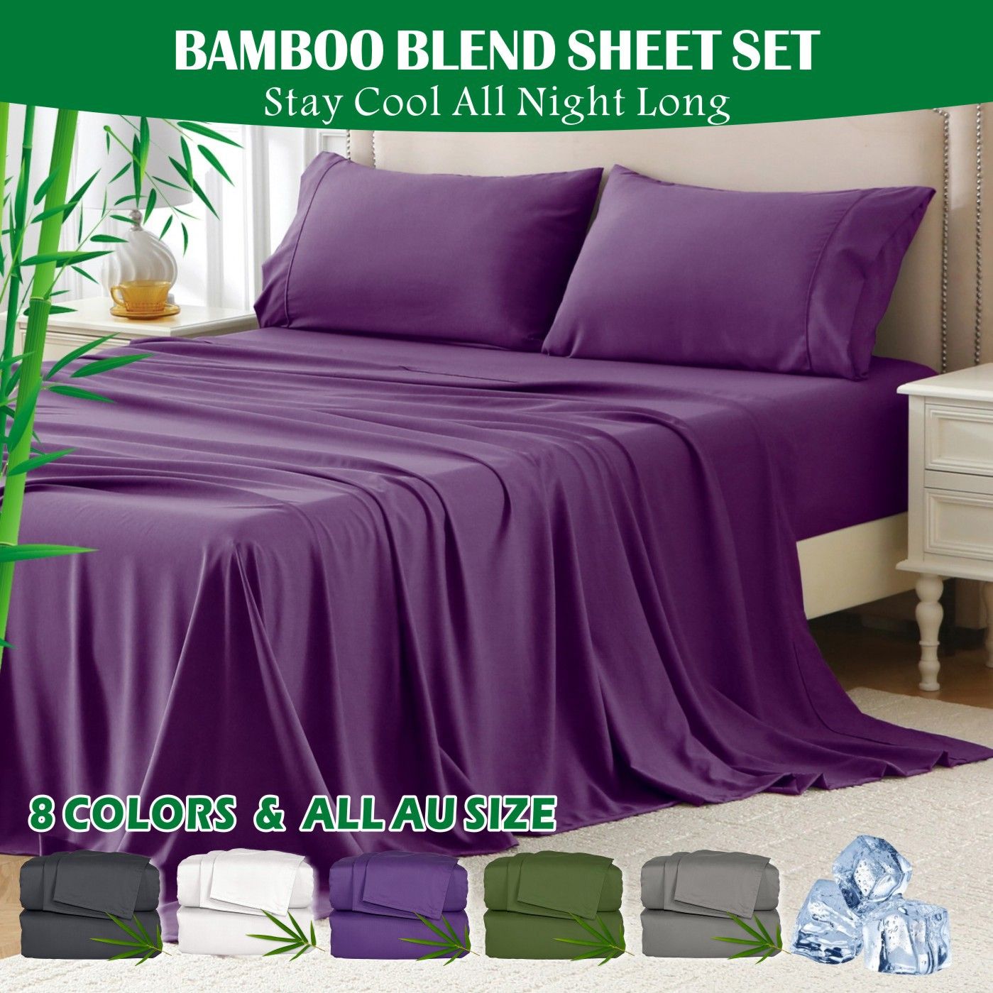 3 Piece Hotel Bamboo Cooling Sheet Set -Ultra Soft 2000TC Breathable Bed Sheets Set with 37 Centimetre Deep Pocket-Cooling Sheets for Hot Sleepers(Purple,King