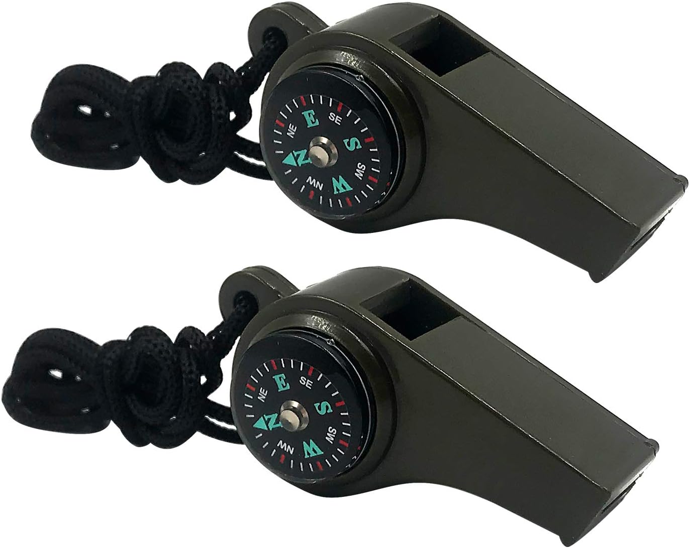 2 Pack 3-in-1 Emergency Whistles with Compass, Thermometer and Lanyards for Hiking, Camping and Outdoor Safety, Black