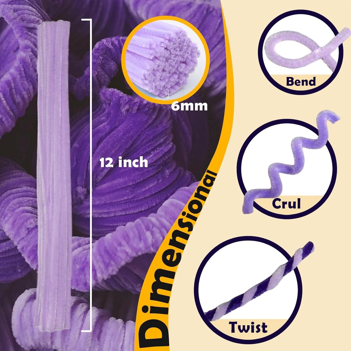 300 pieces - Twister Sticks - Pipe Cleaners - 30cm - Twister Sticks - Colored Pipe Cleaners - Chenille Wire - 6 mm fuzzy Purple chenille sticks - for DIY art — image 5