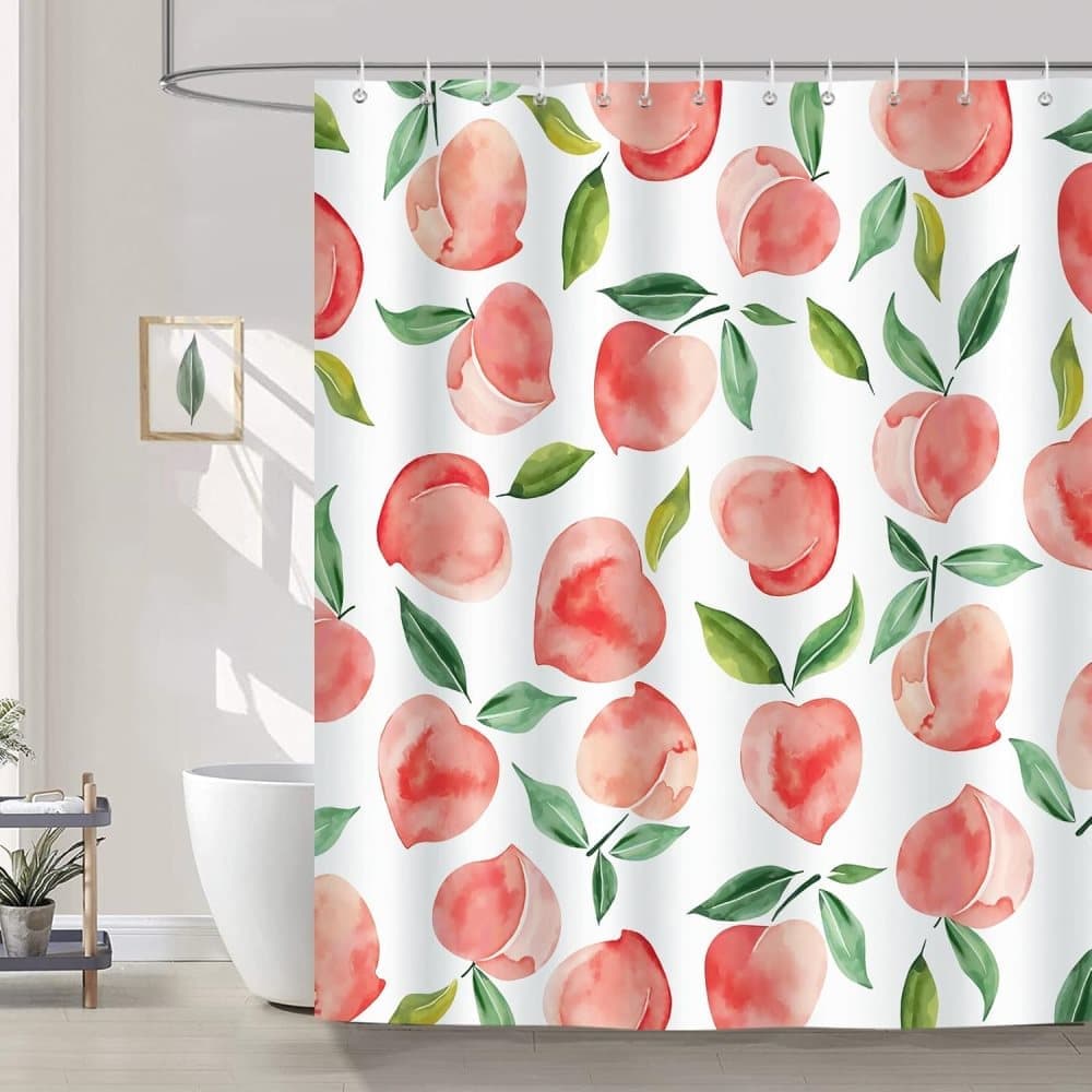 70 × 72 inches Shower Curtain 3D Fruit Motif Waterproof Mold Resistant with 12 Hooks, Pink