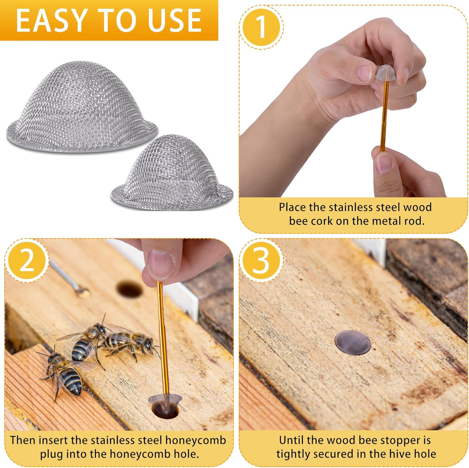 50 Pcs Stainless Steel Carpenter Bee Corks, 2 Sizes Carpenter Bee Plugs Hole Filler, Tapered Bee Holes Repair Kit for Outside Porches Furnitures — image 3
