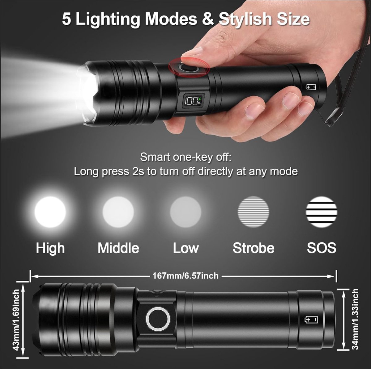 Rechargeable 50,000 lumen flashlight, long range, ultra-bright USB-C LED, long battery life, 5 modes, powerful zoomable flashlights, for emergencies, hiking — image 2