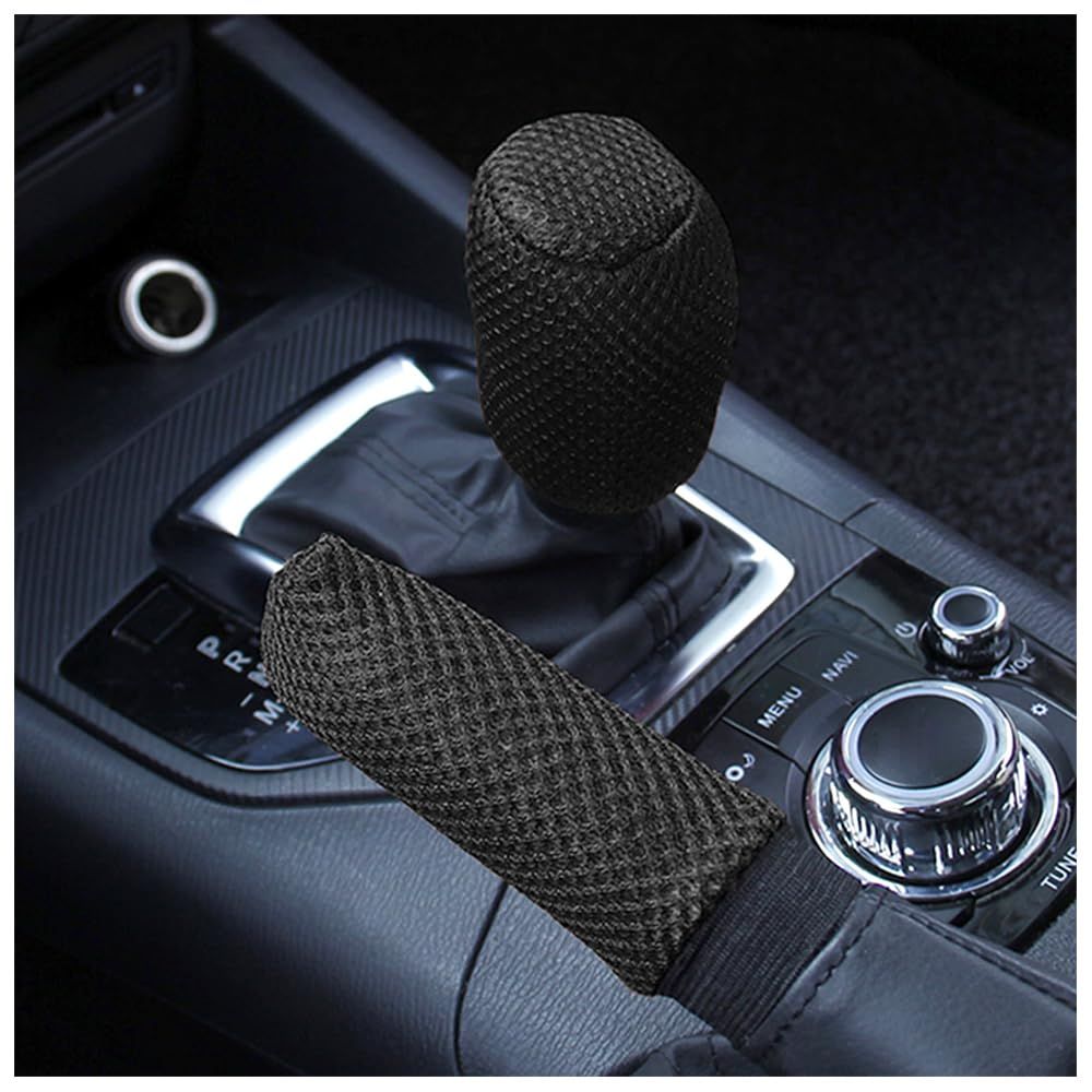 Car Gear Shift Cover + Handbrake Cover,Non-Slip & Breathable Shift Knob Cover Emergency Brake Cover (Black)